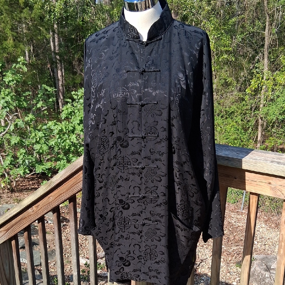 Original Shanghaitang Traditional Black Mandarin Collar Shirt, Silk, Sz XL